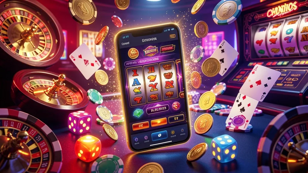 Glowing smartphone surrounded by casino coins, chips, dice, cards, and roulette