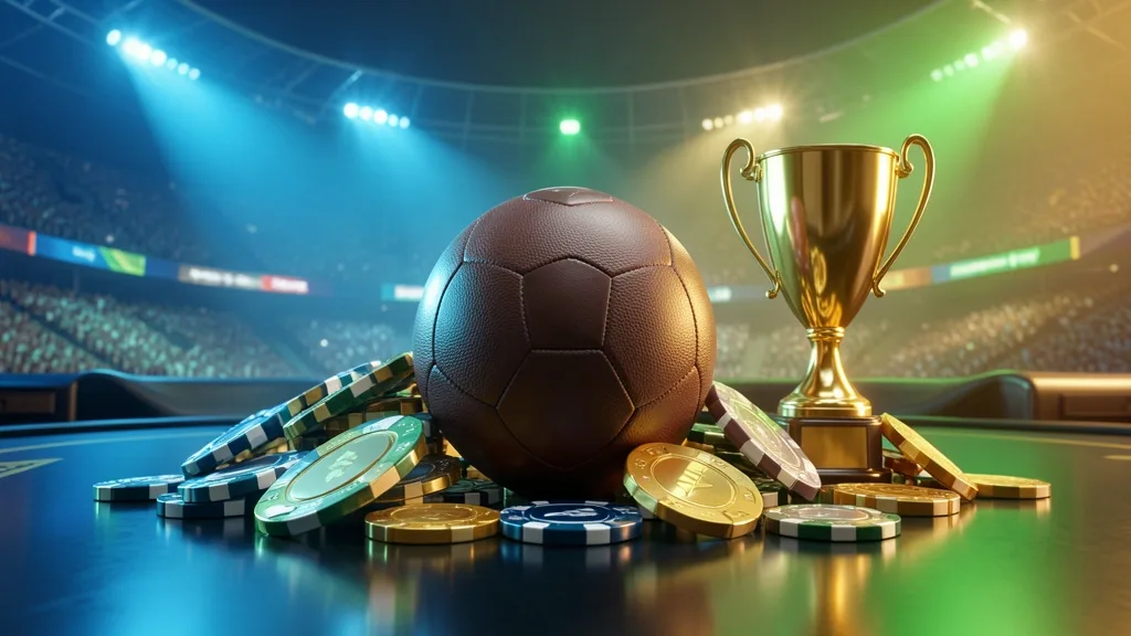 Football surrounded by betting chips, trophy, coins, and illuminated stadium