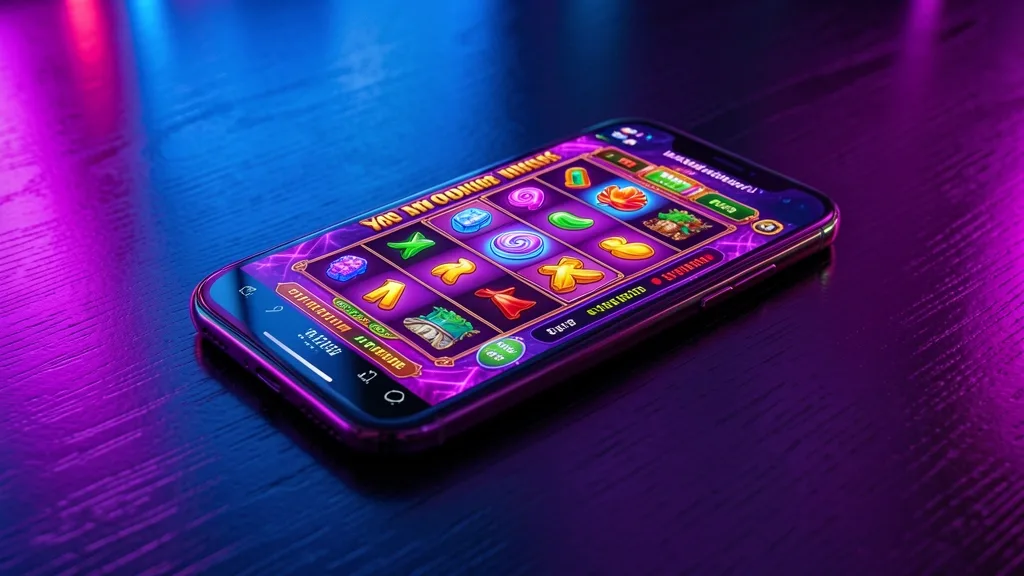 Smartphone displaying colorful slot game on dark table with neon reflections