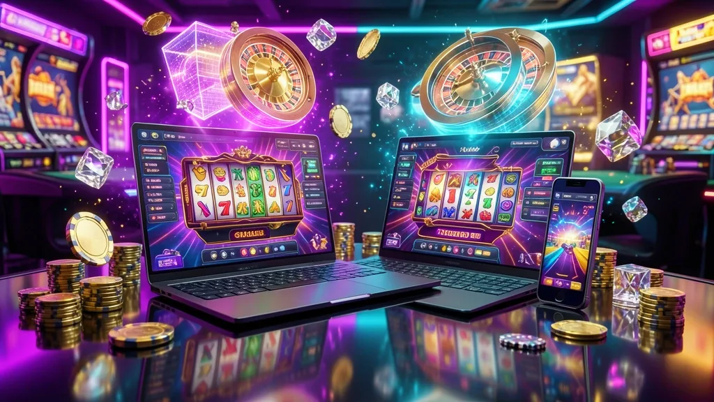 Laptop and smartphone displaying colorful casino games with floating chips