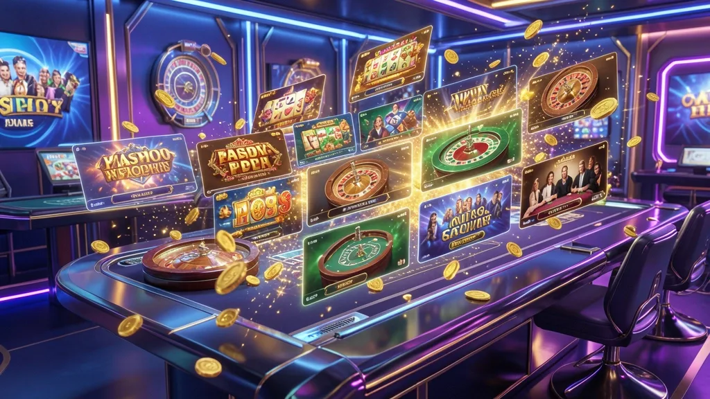 Online casino lobby with floating tiles for slots, roulette, poker, and live games