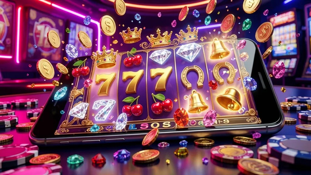 Horizontal smartphone showing crown slot game with floating symbols and coins