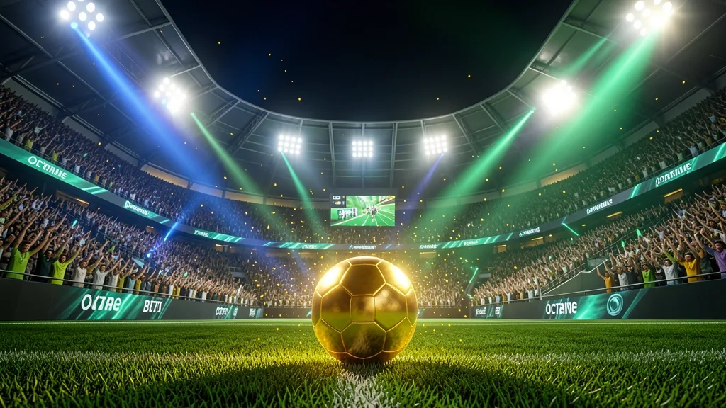 Golden football on illuminated stadium pitch surrounded by cheering fans