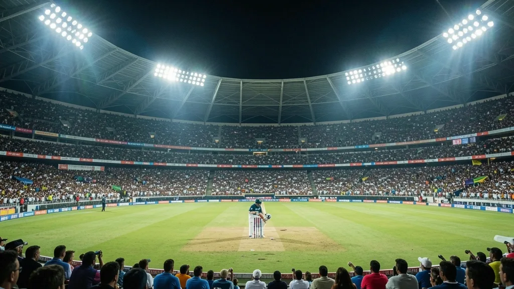 Cricket stadium at night with batsman ready beneath floodlights