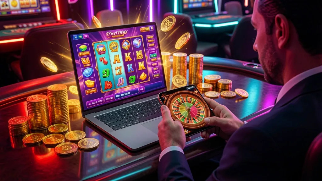 Casino player viewing slot games laptop and roulette smartphone