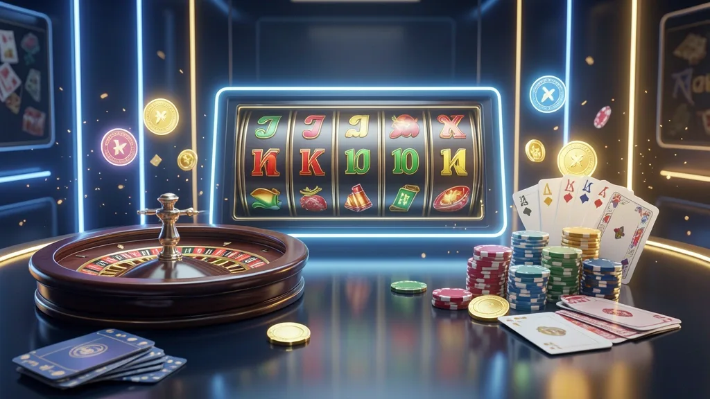 Digital casino banner featuring slots, roulette, poker chips, cards, and bonuses
