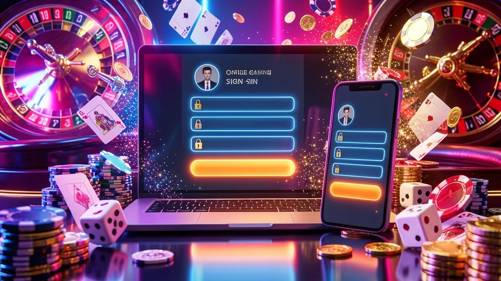 Laptop and smartphone showing sign-in interfaces surrounded by casino elements