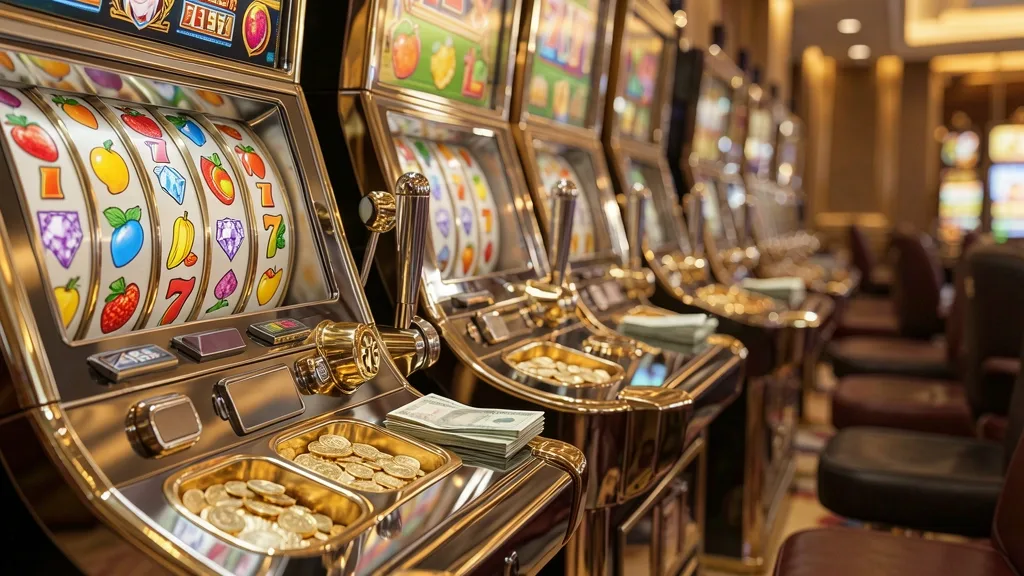 Luxury slot machines showing fruit, diamonds, sevens, coins, and banknotes