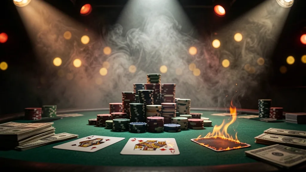 Texas Hold’em table with aces, poker chips, cash, and burning card