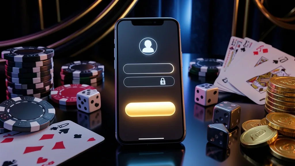 Smartphone displaying casino login interface with chips, cards, dice, and coins
