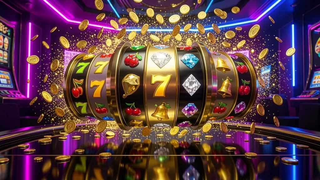 Floating slot reels with sevens, cherries, diamonds, coins, and particles